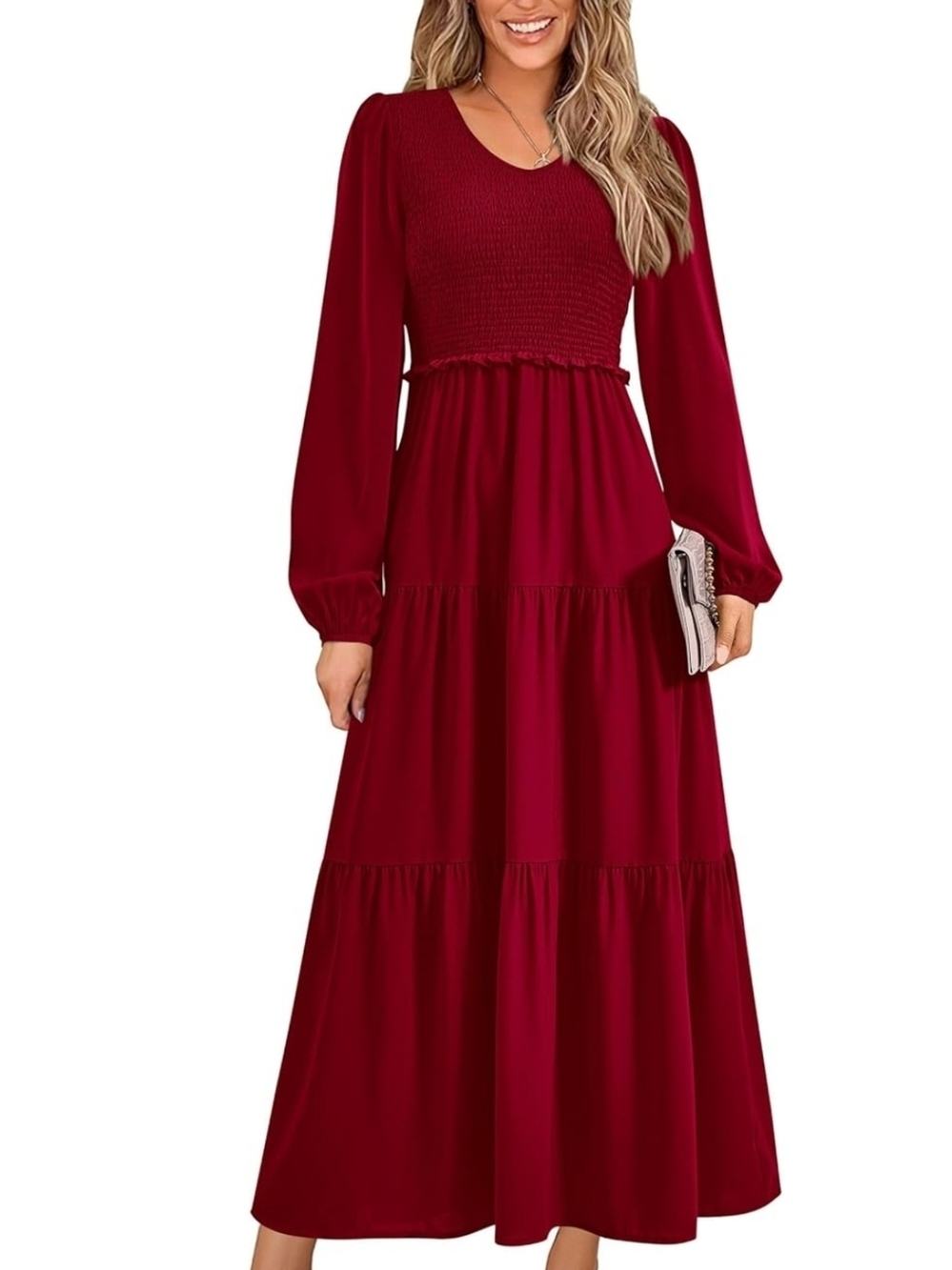 NWT V Neck Smocked A Line Long Sleeve Tiered Maxi Dress in Wine Red
